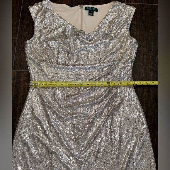 Lauren Ralph Lauren Metallic Silver Cowl Neck Cocktail Dress – Size 12 EUC - Picture 13 of 17